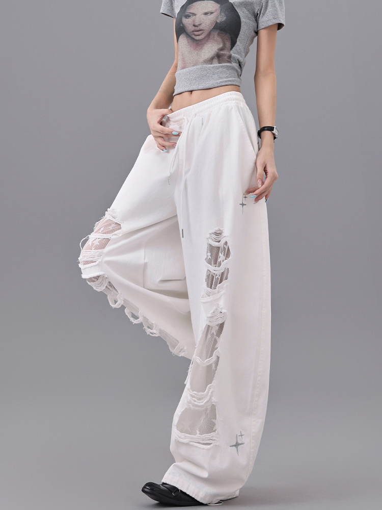 White Ripped Patchwork Lace Dance Long Pants for Women - High Waist Drawstring Casual Summer Trousers, Y2K Style White Ripped Patchwork Lace Dance Long Pants for Women - High Waist Drawstring Casual Summer Trousers, Y2K Style