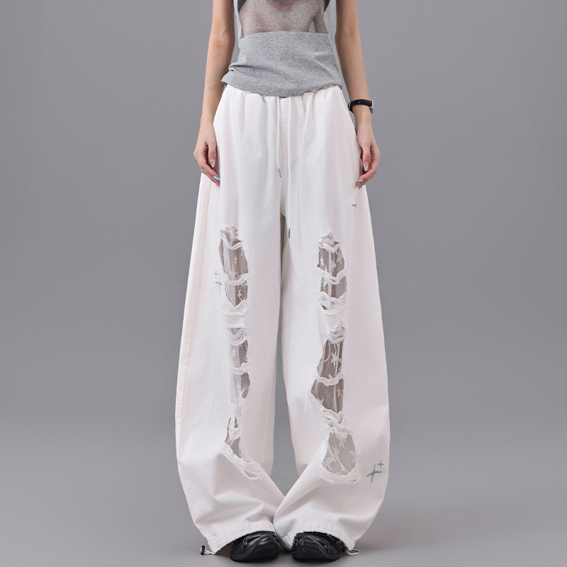 White Ripped Patchwork Lace Dance Long Pants for Women - High Waist Drawstring Casual Summer Trousers, Y2K Style White Ripped Patchwork Lace Dance Long Pants for Women - High Waist Drawstring Casual Summer Trousers, Y2K Style