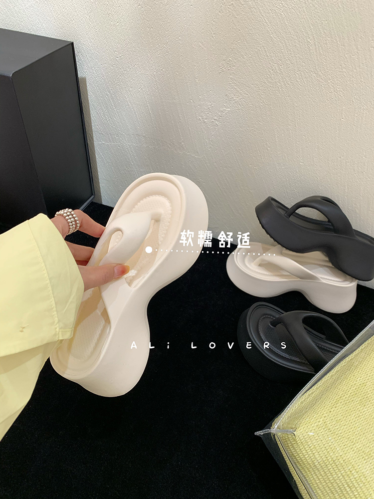 White Thong Sandals for Women - Summer 2025 Thick-Soled Flip-Flops for Petite Height Boost - Trendy Summer Footwear