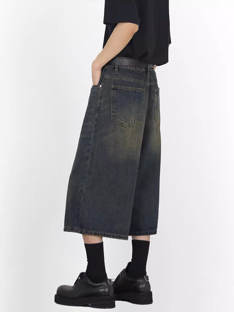 Wide-Leg 7/10 Denim Shorts for Men - Vintage Wash Distressed Summer Style Straight-Leg Casual Fashion Wide-Leg 7/10 Denim Shorts for Men - Vintage Wash Distressed Summer Style Straight-Leg Casual Fashion