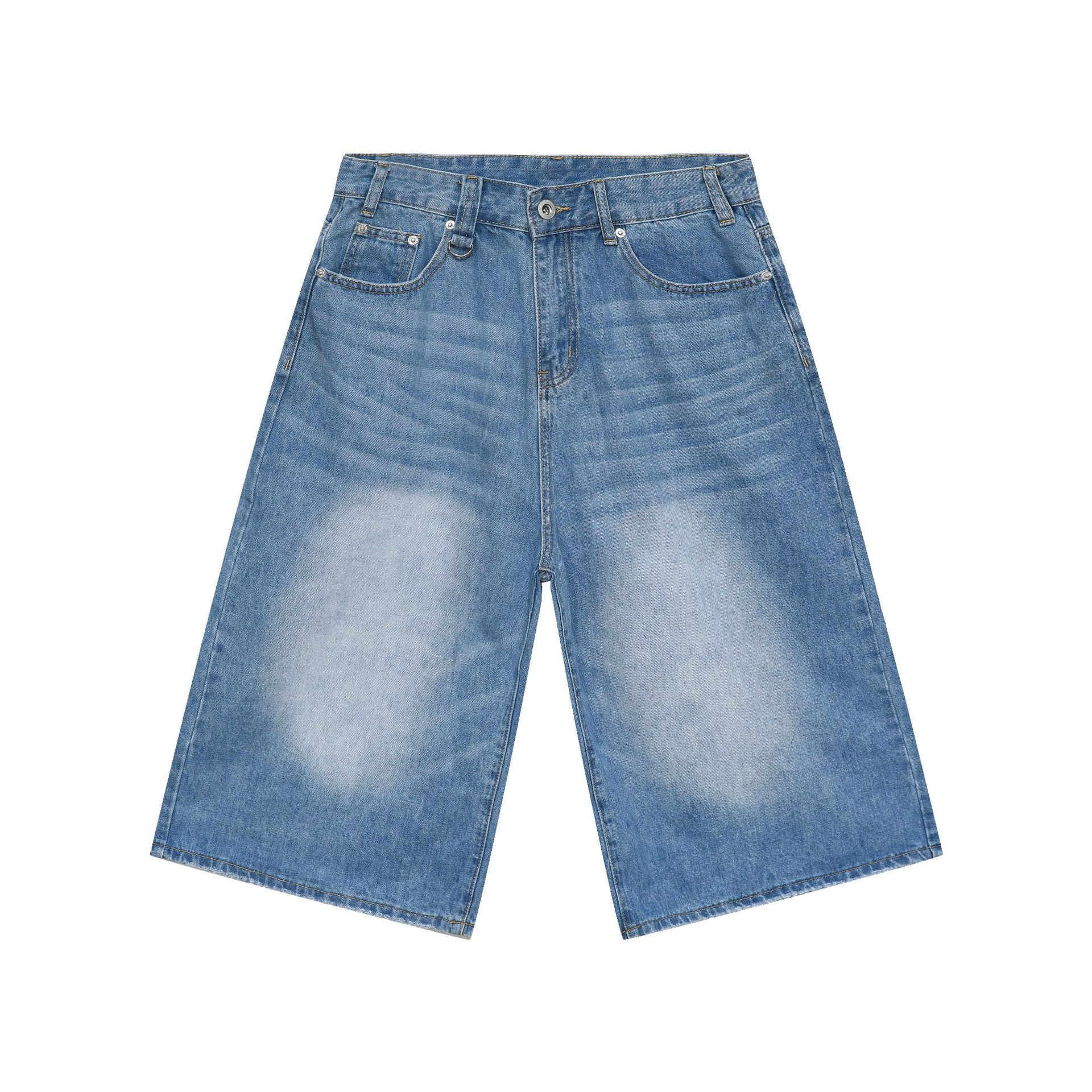 Wide-Leg 7/10 Denim Shorts for Men - Vintage Wash Distressed Summer Style Straight-Leg Casual Fashion Wide-Leg 7/10 Denim Shorts for Men - Vintage Wash Distressed Summer Style Straight-Leg Casual Fashion