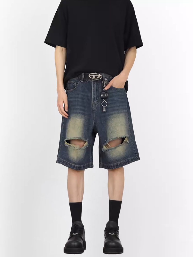 Wide-Leg 7/10 Denim Shorts for Men - Vintage Wash Distressed Summer Style Straight-Leg Casual Fashion Wide-Leg 7/10 Denim Shorts for Men - Vintage Wash Distressed Summer Style Straight-Leg Casual Fashion