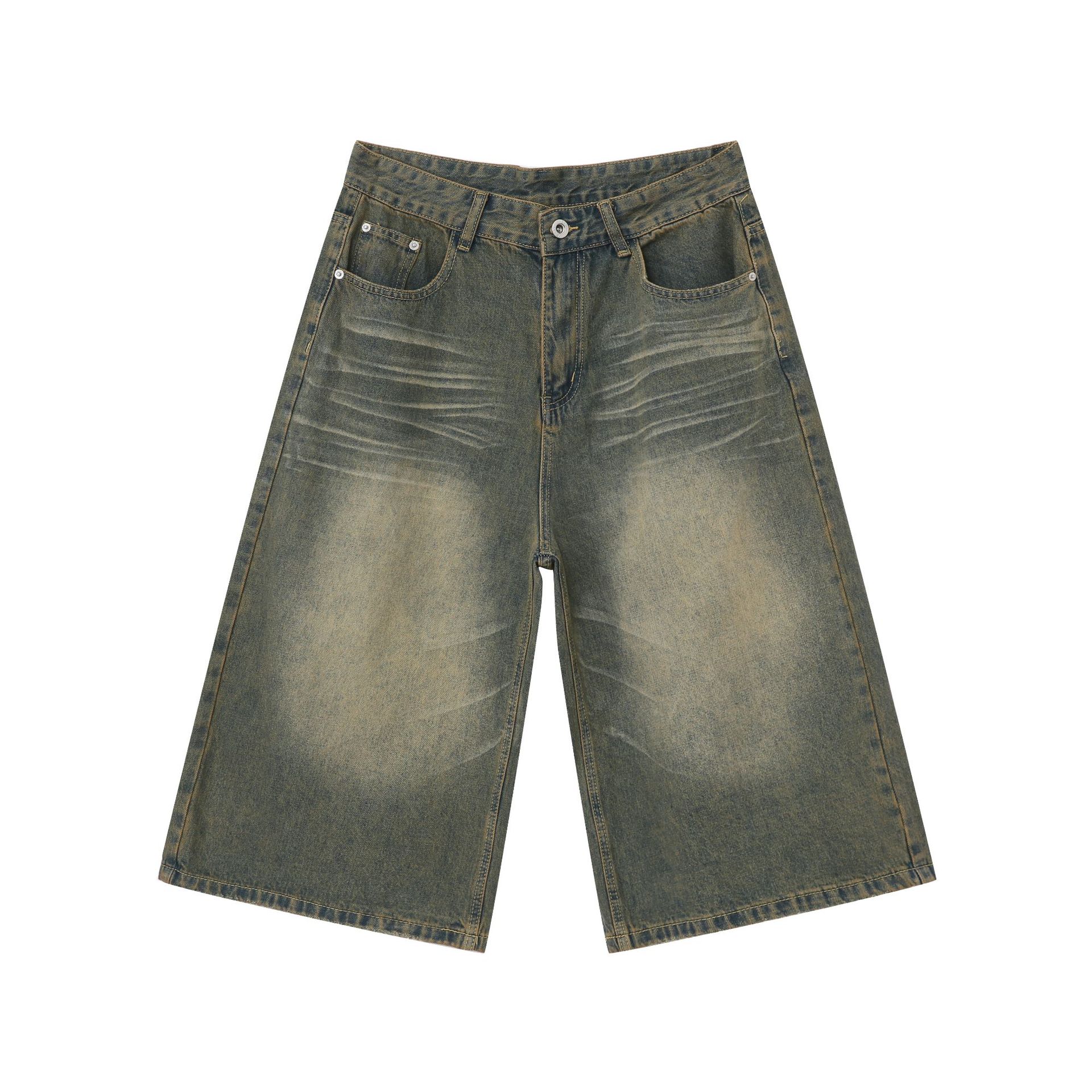 Wide-Leg 7/10 Denim Shorts for Men - Vintage Wash Distressed Summer Style Straight-Leg Casual Fashion Wide-Leg 7/10 Denim Shorts for Men - Vintage Wash Distressed Summer Style Straight-Leg Casual Fashion