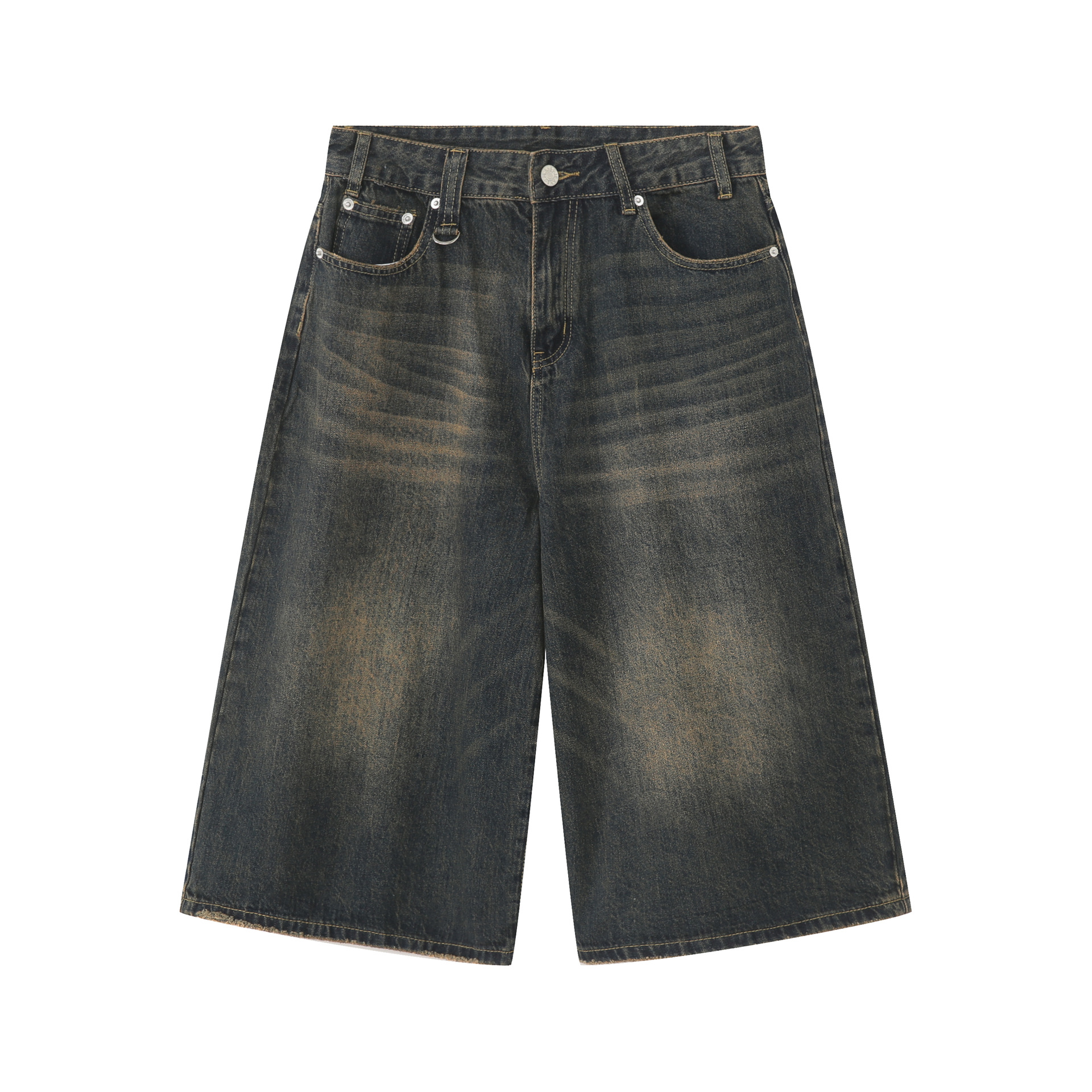 Wide-Leg 7/10 Denim Shorts for Men - Vintage Wash Distressed Summer Style Straight-Leg Casual Fashion