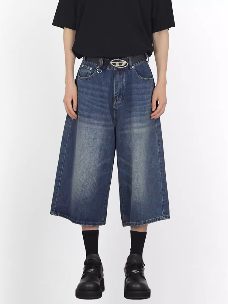 Wide-Leg 7/10 Denim Shorts for Men - Vintage Wash Distressed Summer Style Straight-Leg Casual Fashion Wide-Leg 7/10 Denim Shorts for Men - Vintage Wash Distressed Summer Style Straight-Leg Casual Fashion