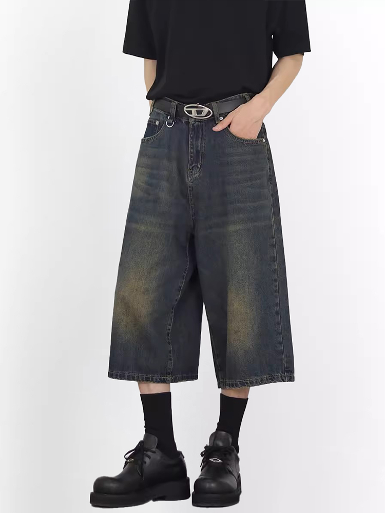 Wide-Leg 7/10 Denim Shorts for Men - Vintage Wash Distressed Summer Style Straight-Leg Casual Fashion Wide-Leg 7/10 Denim Shorts for Men - Vintage Wash Distressed Summer Style Straight-Leg Casual Fashion