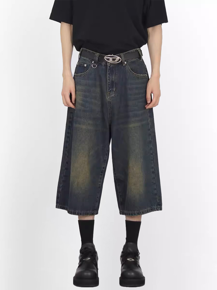 Wide-Leg 7/10 Denim Shorts for Men - Vintage Wash Distressed Summer Style Straight-Leg Casual Fashion