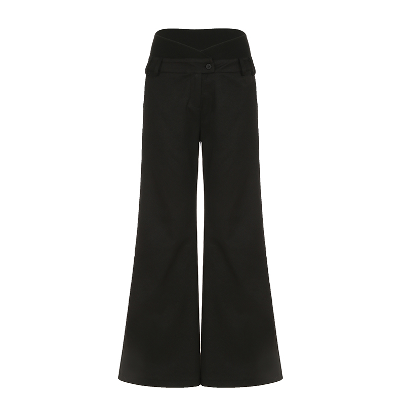 Wide-Leg Black Draped Casual Pants with Petal Waist - Versatile Floor-Length Woven Trousers for Workplace Commuting