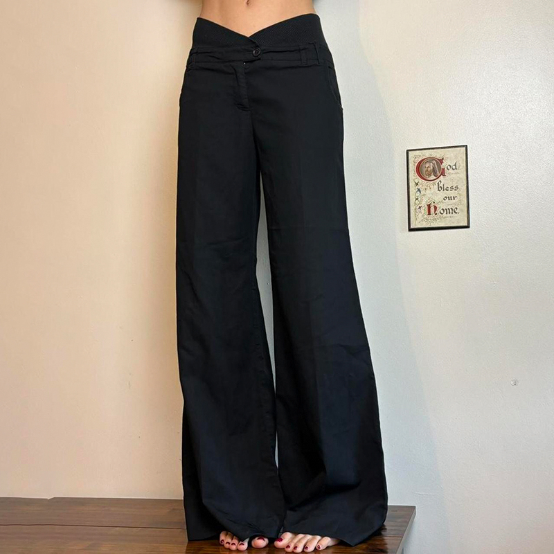 Wide-Leg Black Draped Casual Pants with Petal Waist - Versatile Floor-Length Woven Trousers for Workplace Commuting Wide-Leg Black Draped Casual Pants with Petal Waist - Versatile Floor-Length Woven Trousers for Workplace Commuting
