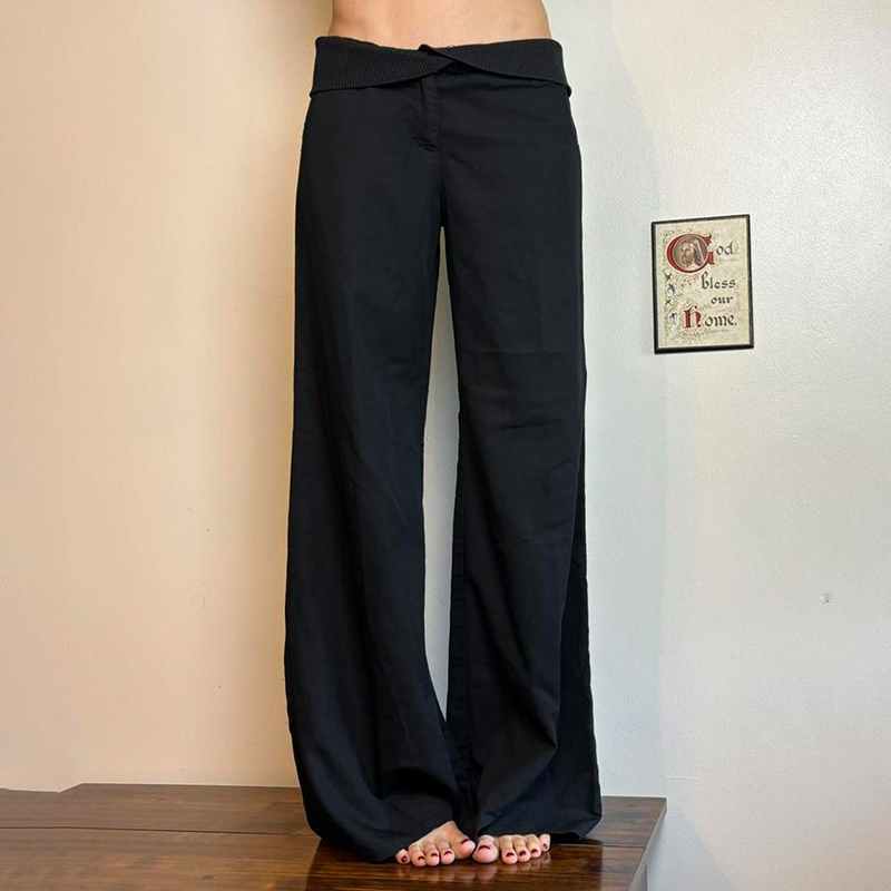 Wide-Leg Black Draped Casual Pants with Petal Waist - Versatile Floor-Length Woven Trousers for Workplace Commuting Wide-Leg Black Draped Casual Pants with Petal Waist - Versatile Floor-Length Woven Trousers for Workplace Commuting