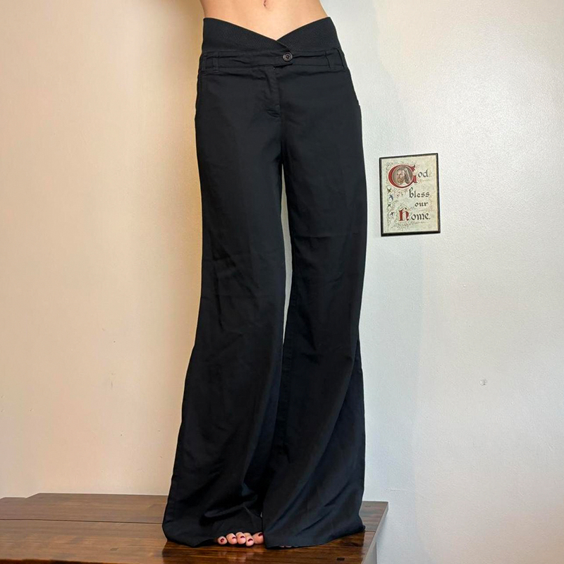 Wide-Leg Black Draped Casual Pants with Petal Waist - Versatile Floor-Length Woven Trousers for Workplace Commuting