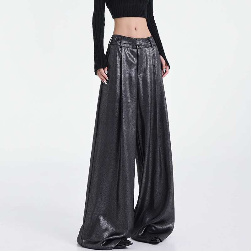 Wide-Leg Black Satin Casual Pants for Women - Original Design, Thin Acetate, Early Autumn Style