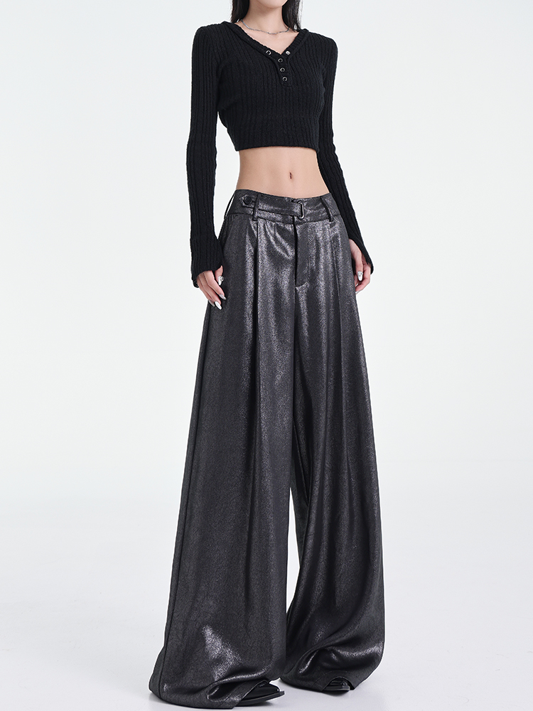 Wide-Leg Black Satin Casual Pants for Women - Original Design, Thin Acetate, Early Autumn Style Wide-Leg Black Satin Casual Pants for Women - Original Design, Thin Acetate, Early Autumn Style
