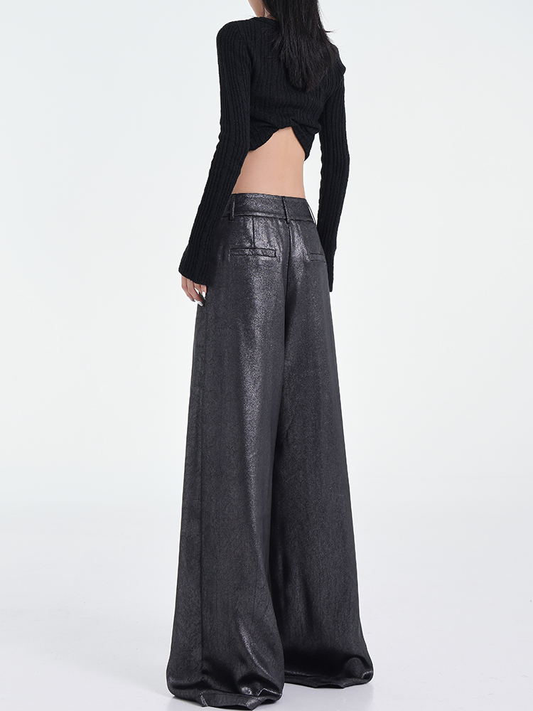 Wide-Leg Black Satin Casual Pants for Women - Original Design, Thin Acetate, Early Autumn Style Wide-Leg Black Satin Casual Pants for Women - Original Design, Thin Acetate, Early Autumn Style