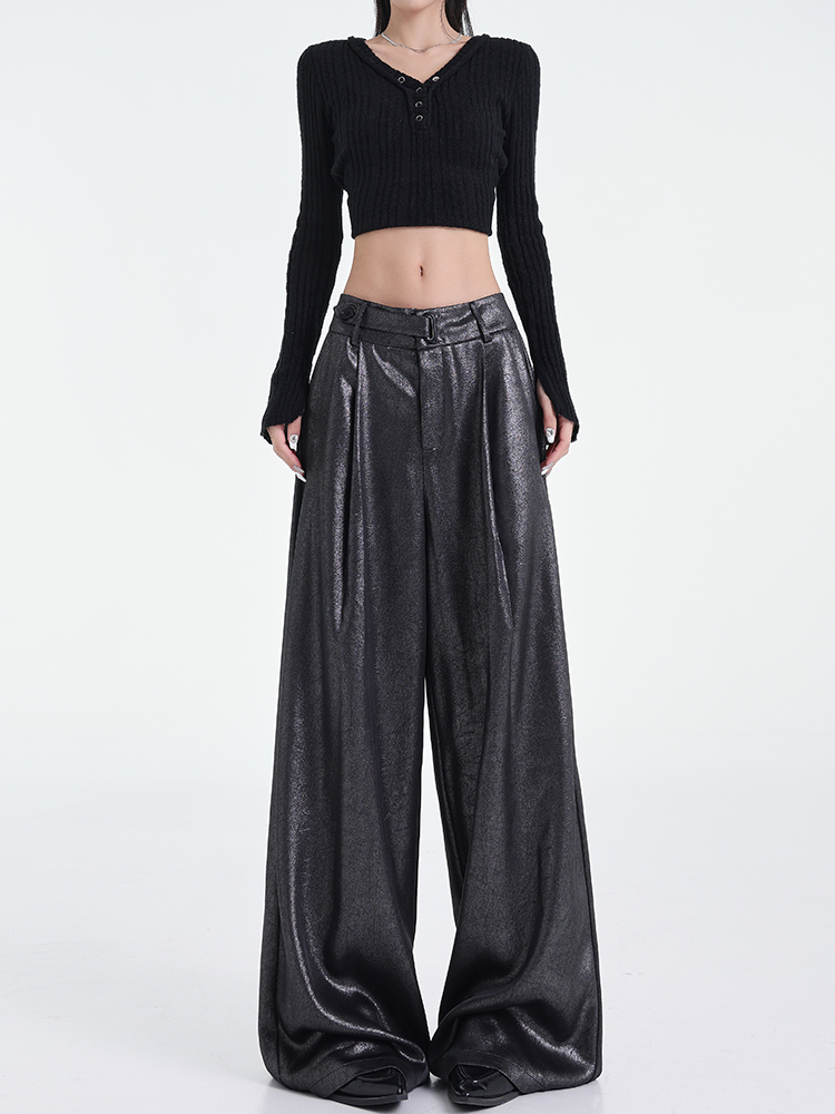 Wide-Leg Black Satin Casual Pants for Women - Original Design, Thin Acetate, Early Autumn Style Wide-Leg Black Satin Casual Pants for Women - Original Design, Thin Acetate, Early Autumn Style
