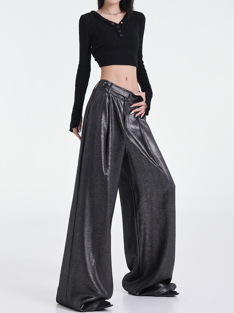 Wide-Leg Black Satin Casual Pants for Women - Original Design, Thin Acetate, Early Autumn Style Wide-Leg Black Satin Casual Pants for Women - Original Design, Thin Acetate, Early Autumn Style