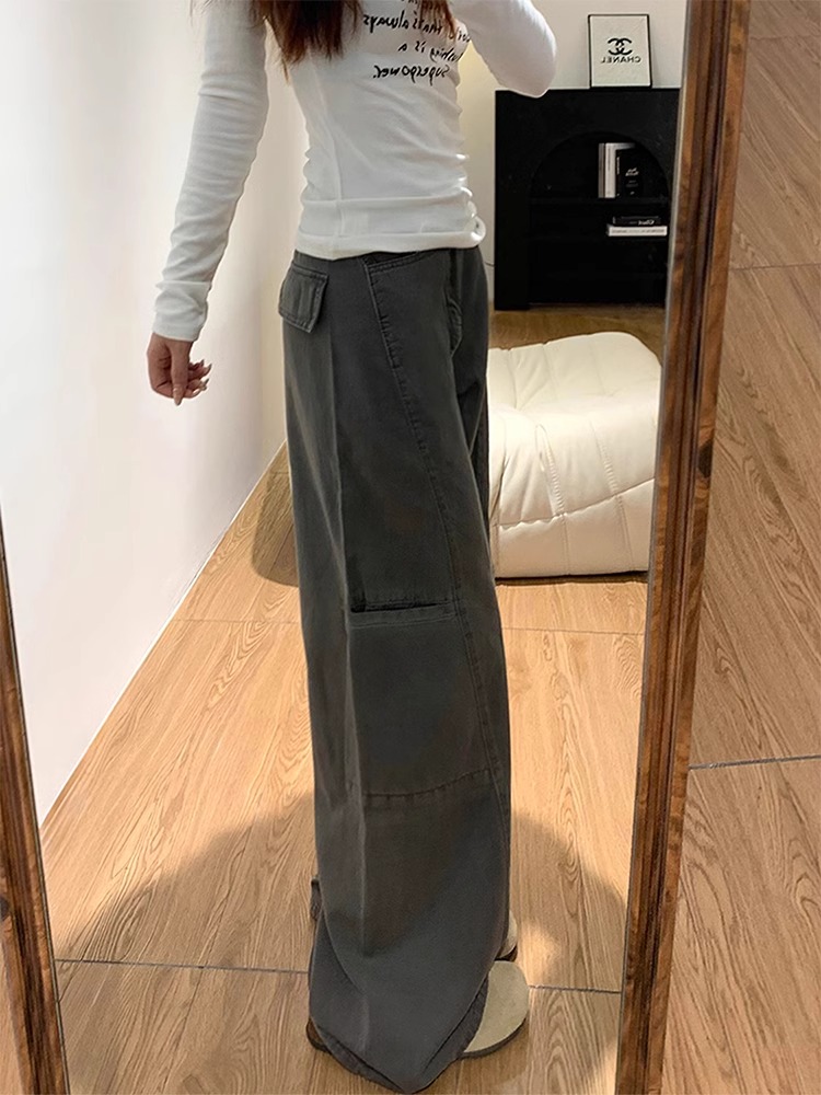 Wide-Leg Deep Gray Denim Cargo Pants for Women - Summer Loose Fit, Slimming Multi-Pocket Casual Style Wide-Leg Deep Gray Denim Cargo Pants for Women - Summer Loose Fit, Slimming Multi-Pocket Casual Style