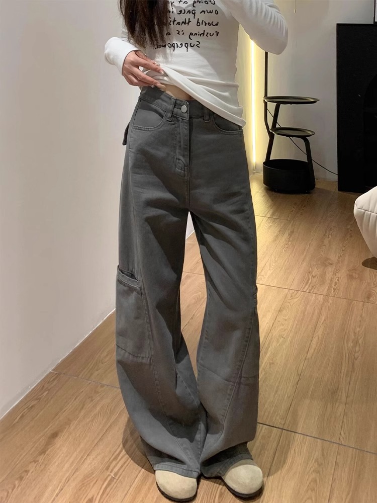 Wide-Leg Deep Gray Denim Cargo Pants for Women - Summer Loose Fit, Slimming Multi-Pocket Casual Style Wide-Leg Deep Gray Denim Cargo Pants for Women - Summer Loose Fit, Slimming Multi-Pocket Casual Style