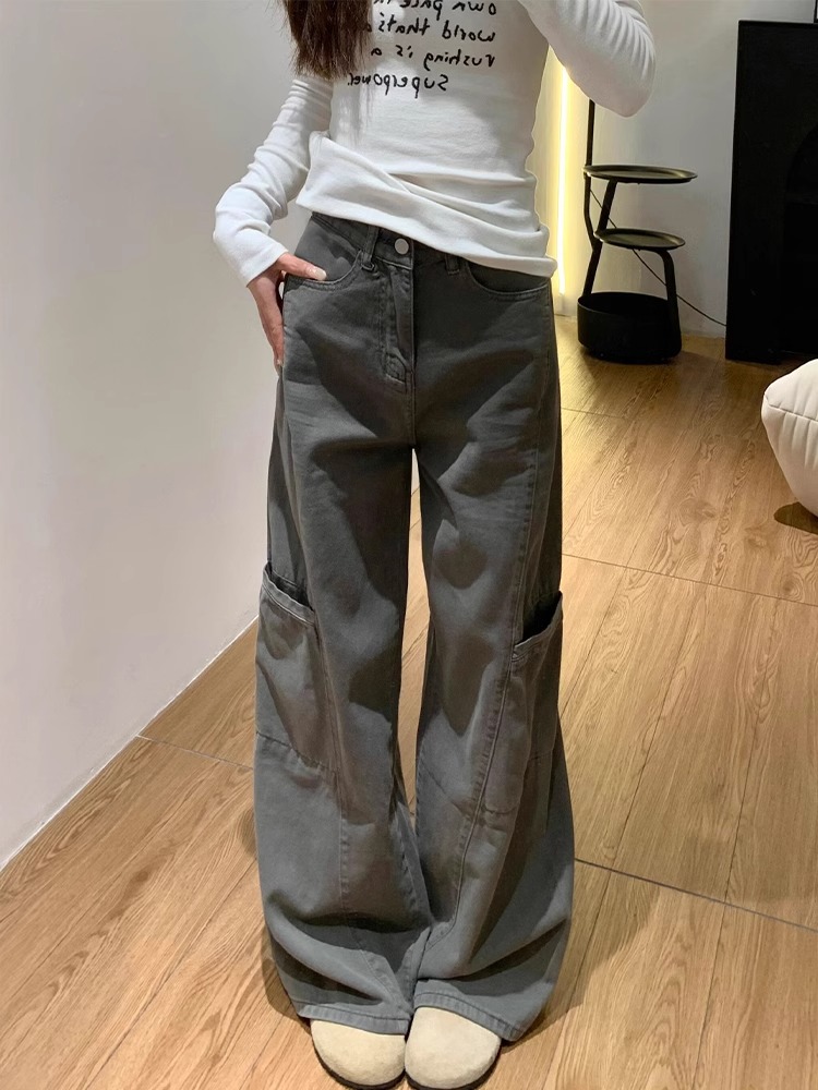 Wide-Leg Deep Gray Denim Cargo Pants for Women - Summer Loose Fit, Slimming Multi-Pocket Casual Style