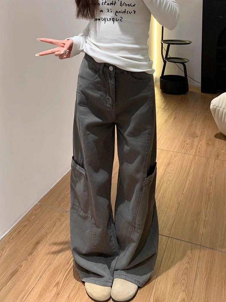 Wide-Leg Deep Gray Denim Cargo Pants for Women - Summer Loose Fit, Slimming Multi-Pocket Casual Style Wide-Leg Deep Gray Denim Cargo Pants for Women - Summer Loose Fit, Slimming Multi-Pocket Casual Style