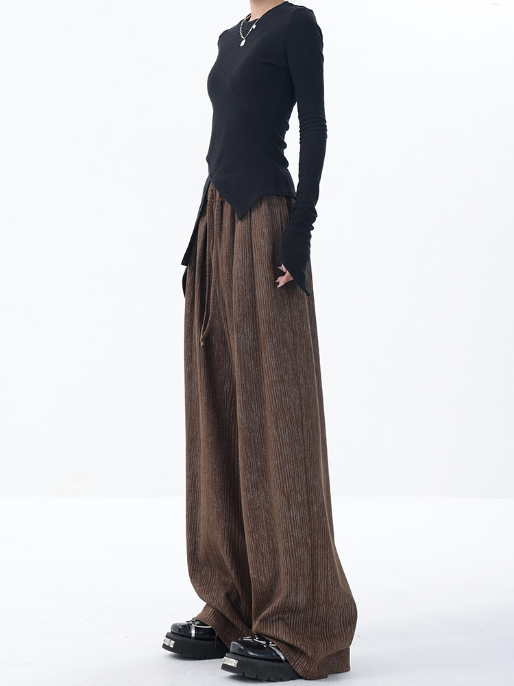 Wide-Leg Striped Casual Pants for Women with Pleated Waist Design - Floor-Length Trousers, Perfect for Early Autumn Style