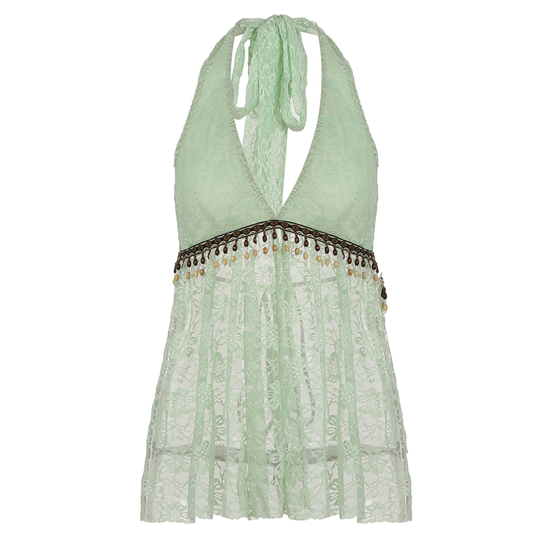 Wind Mint Green Lace Jacquard Tie Neck Halter Top with Deep Back Split - Women's Resort Wear, Sensual Y2K Style
