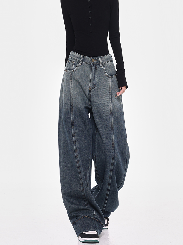 Winter Blue Fleece Wide-Leg Jeans for Women with Gradient Design - Loose Floor-Length Y2K Style Pants