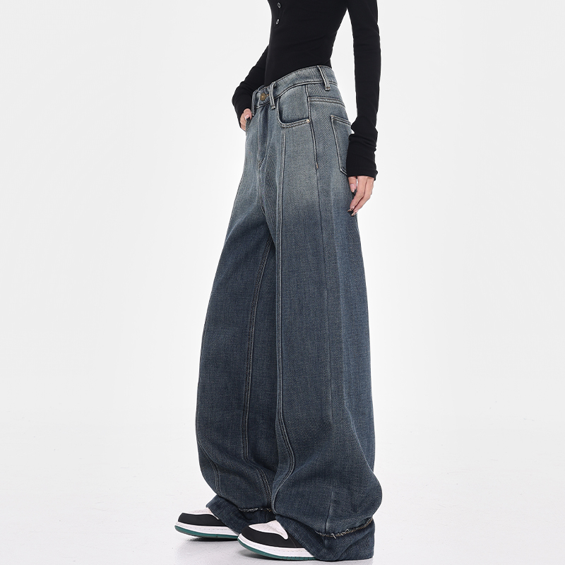 Winter Blue Fleece Wide-Leg Jeans for Women with Gradient Design - Loose Floor-Length Y2K Style Pants