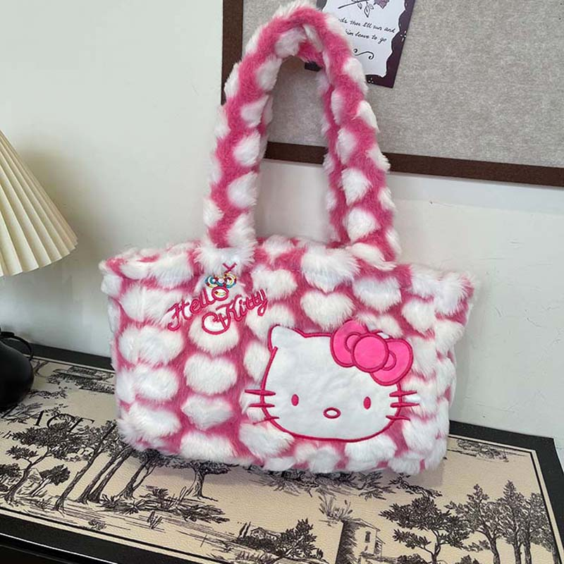 Winter Fluffy Cat Plush Tote Bag for Women, Cute Hello Kitty Commuter Shoulder Bag, Adorable Kawaii Style