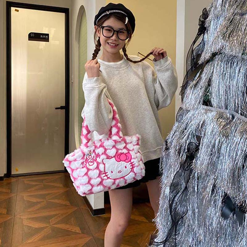 Winter Fluffy Cat Plush Tote Bag for Women, Cute Hello Kitty Commuter Shoulder Bag, Adorable Kawaii Style Winter Fluffy Cat Plush Tote Bag for Women, Cute Hello Kitty Commuter Shoulder Bag, Adorable Kawaii Style