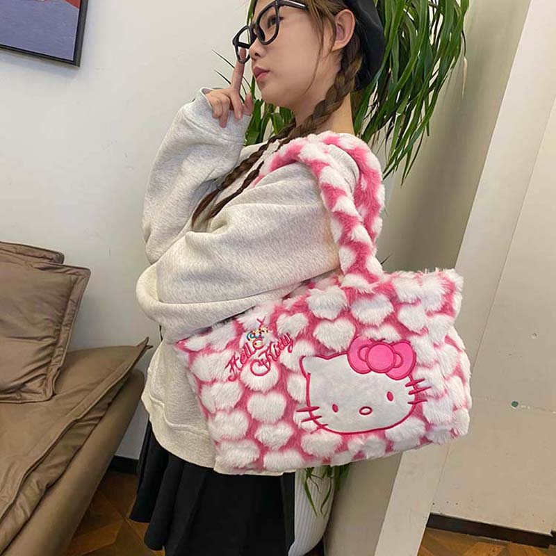 Winter Fluffy Cat Plush Tote Bag for Women, Cute Hello Kitty Commuter Shoulder Bag, Adorable Kawaii Style Winter Fluffy Cat Plush Tote Bag for Women, Cute Hello Kitty Commuter Shoulder Bag, Adorable Kawaii Style