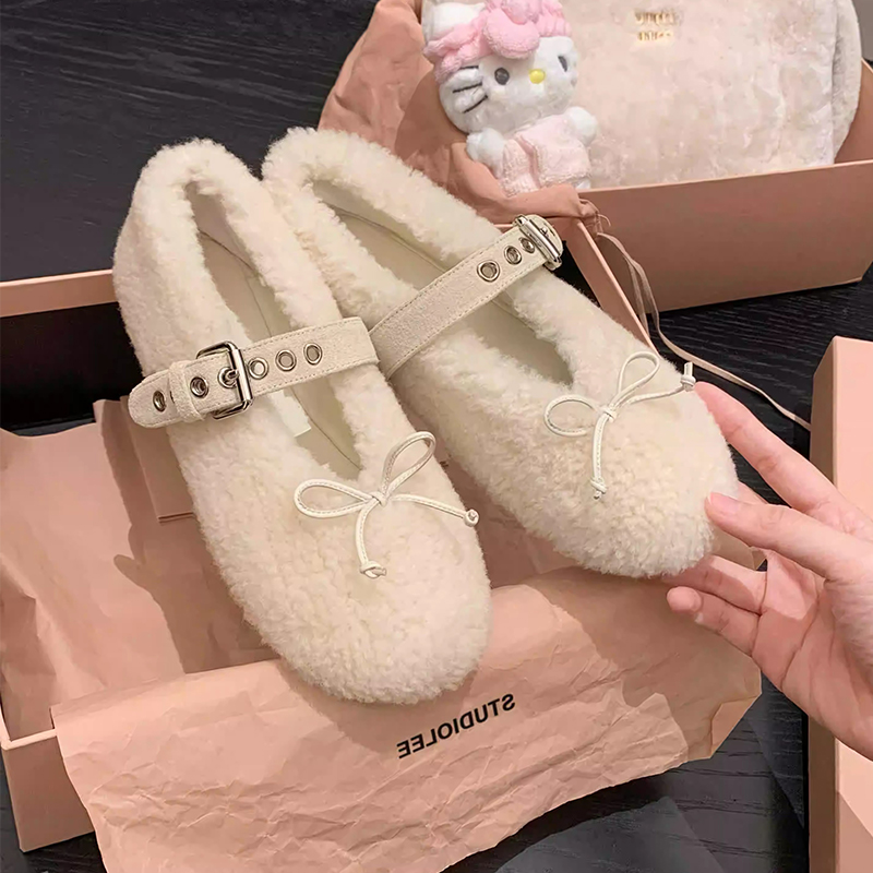 Winter Mary Jane Flats for Women - Fluffy Wool One-Piece Bow Design, Comfortable Ballet-Style Single Strap Shoes