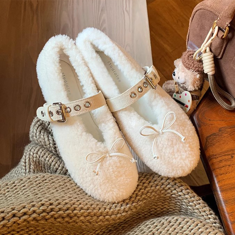 Winter Mary Jane Flats for Women - Fluffy Wool One-Piece Bow Design, Comfortable Ballet-Style Single Strap Shoes Winter Mary Jane Flats for Women - Fluffy Wool One-Piece Bow Design, Comfortable Ballet-Style Single Strap Shoes