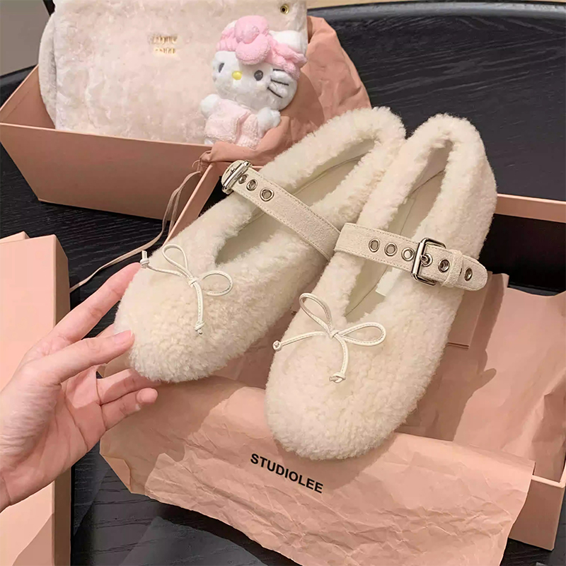 Winter Mary Jane Flats for Women - Fluffy Wool One-Piece Bow Design, Comfortable Ballet-Style Single Strap Shoes