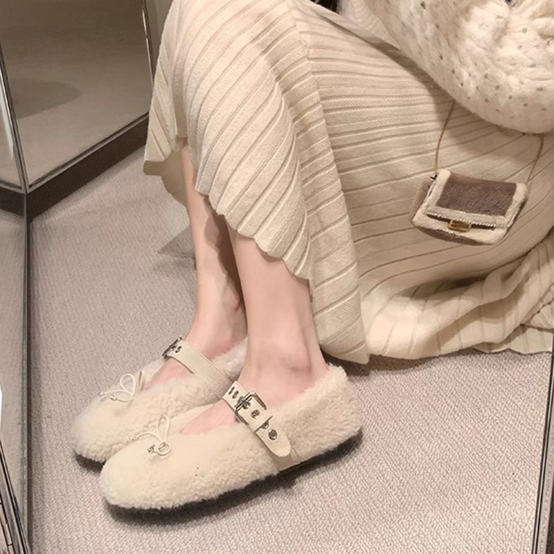 Winter Mary Jane Flats for Women - Fluffy Wool One-Piece Bow Design, Comfortable Ballet-Style Single Strap Shoes Winter Mary Jane Flats for Women - Fluffy Wool One-Piece Bow Design, Comfortable Ballet-Style Single Strap Shoes