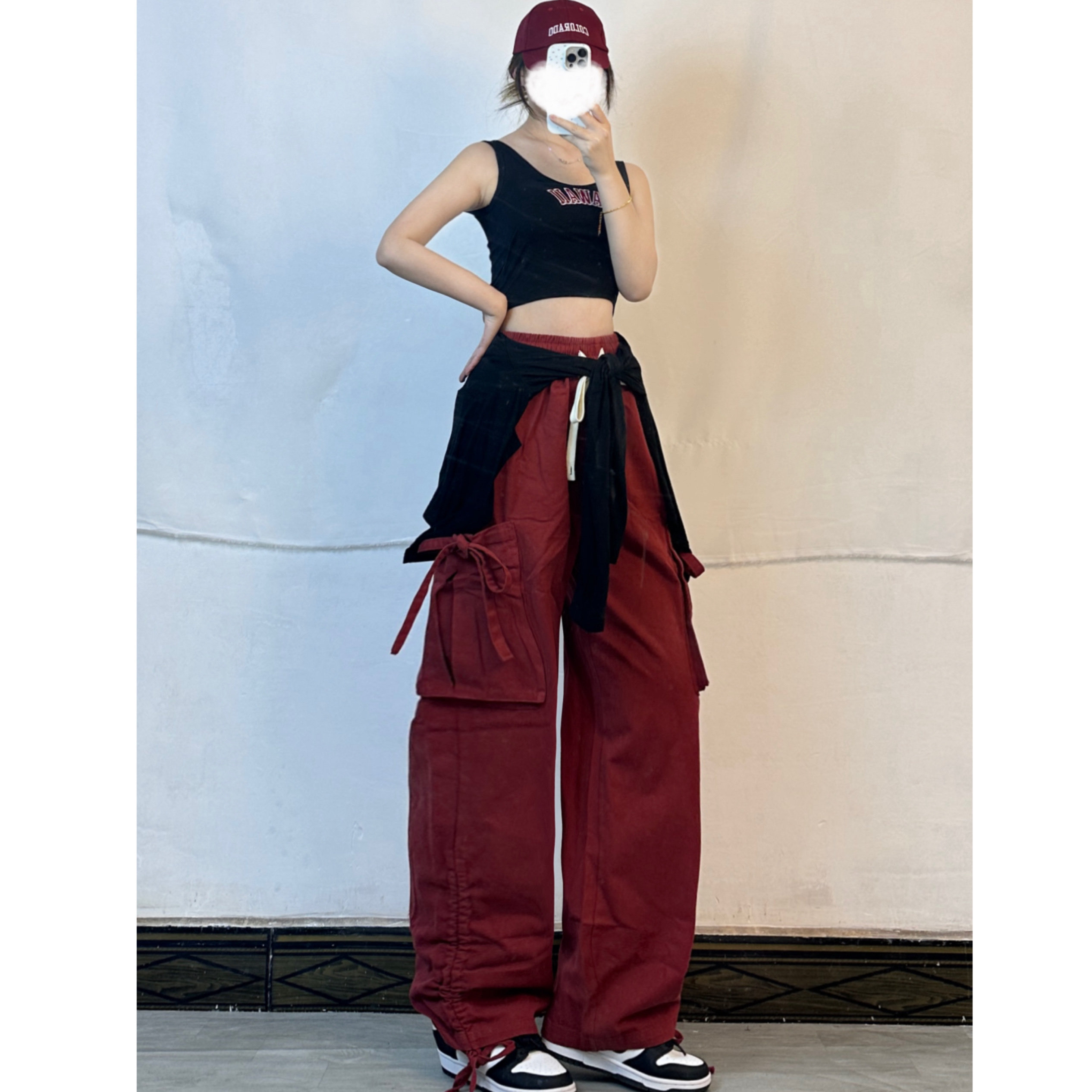 Womenâ€™s American Red Cargo Pants - Kpop High Street Wide Leg Jazz Dance Outfit for Hot Girl Style
