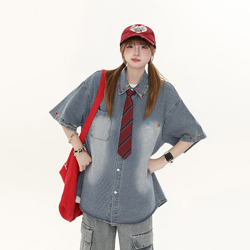 Women's American Retro Cartoon Printed Denim Shirt - Loose Casual Versatile Top for Autumn, Y2K Style Women's American Retro Cartoon Printed Denim Shirt - Loose Casual Versatile Top for Autumn, Y2K Style