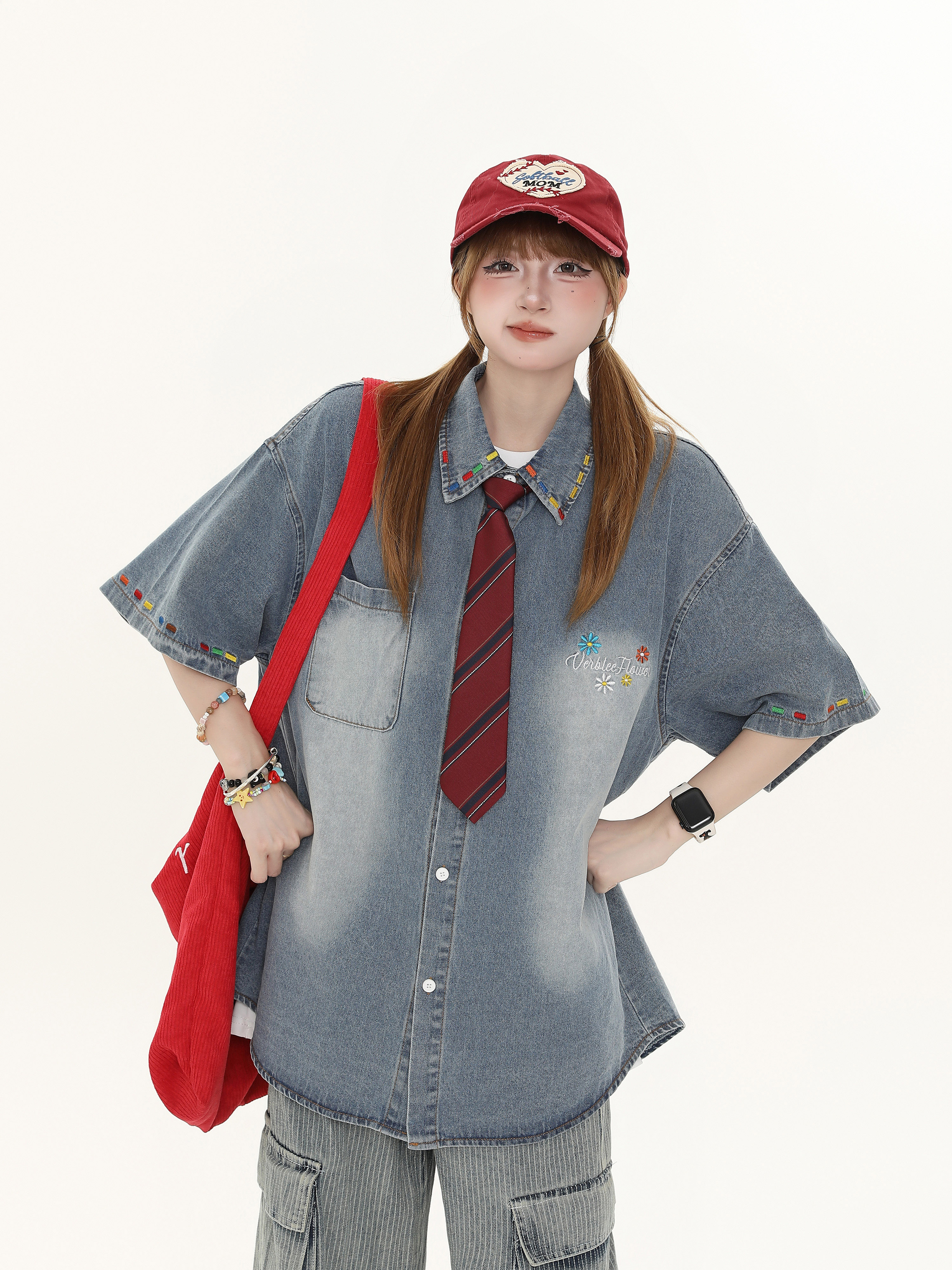 Women's American Retro Cartoon Printed Denim Shirt - Loose Casual Versatile Top for Autumn, Y2K Style Women's American Retro Cartoon Printed Denim Shirt - Loose Casual Versatile Top for Autumn, Y2K Style