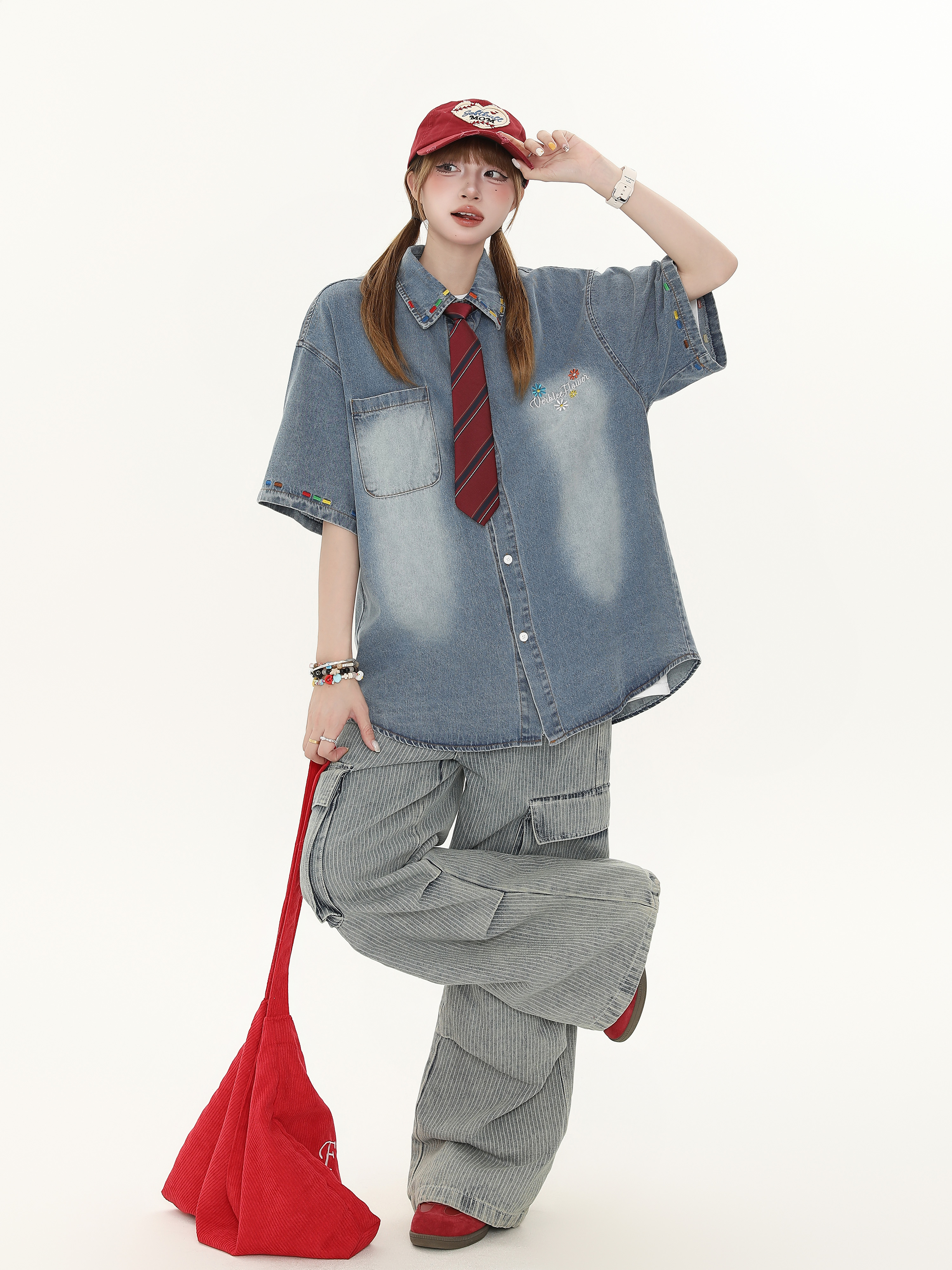 Women's American Retro Cartoon Printed Denim Shirt - Loose Casual Versatile Top for Autumn, Y2K Style Women's American Retro Cartoon Printed Denim Shirt - Loose Casual Versatile Top for Autumn, Y2K Style