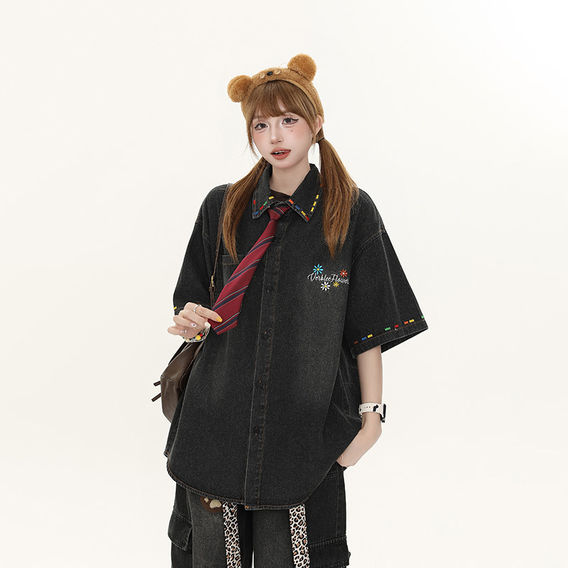 Women's American Retro Cartoon Printed Denim Shirt - Loose Casual Versatile Top for Autumn, Y2K Style