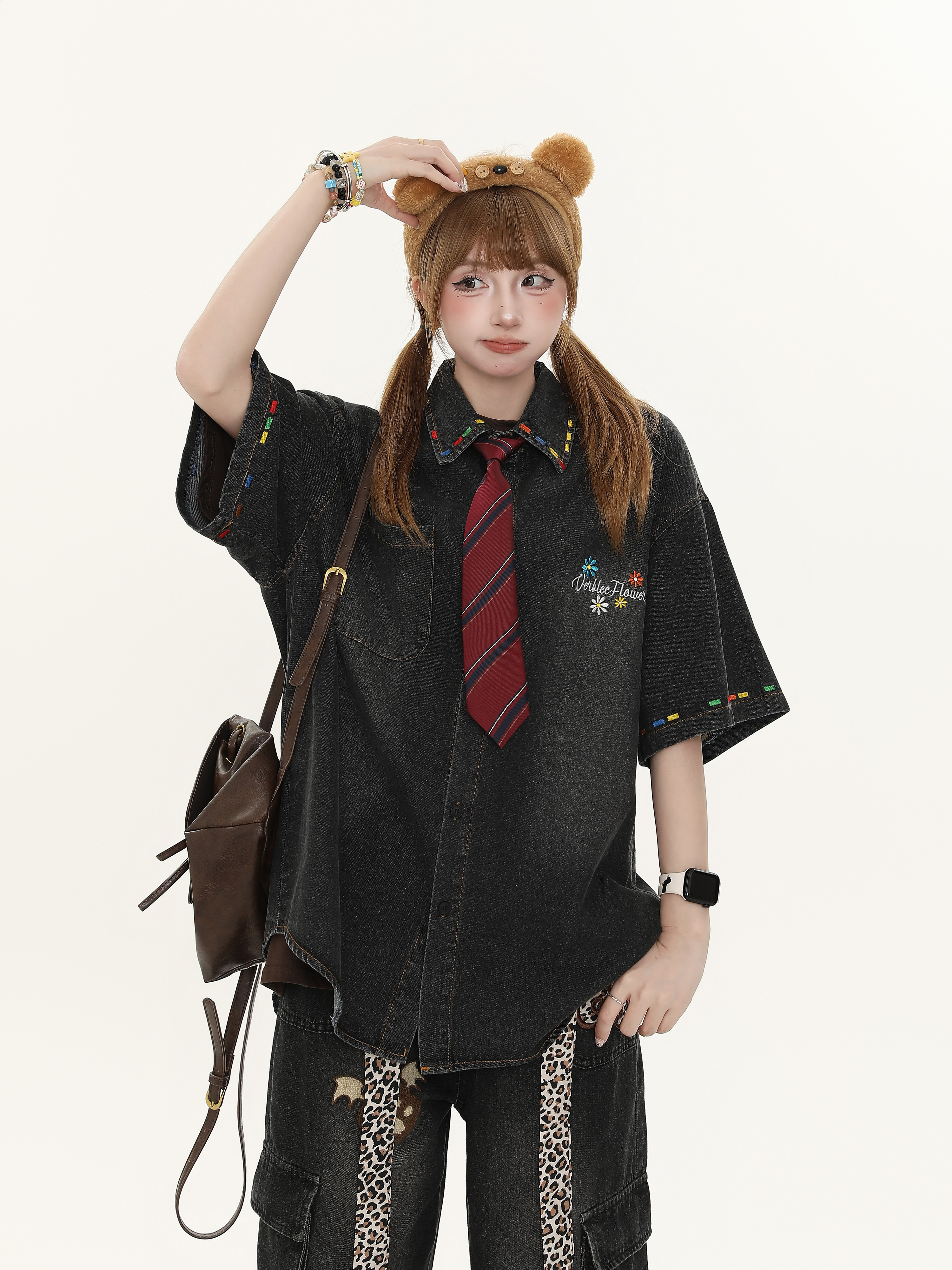 Women's American Retro Cartoon Printed Denim Shirt - Loose Casual Versatile Top for Autumn, Y2K Style Women's American Retro Cartoon Printed Denim Shirt - Loose Casual Versatile Top for Autumn, Y2K Style