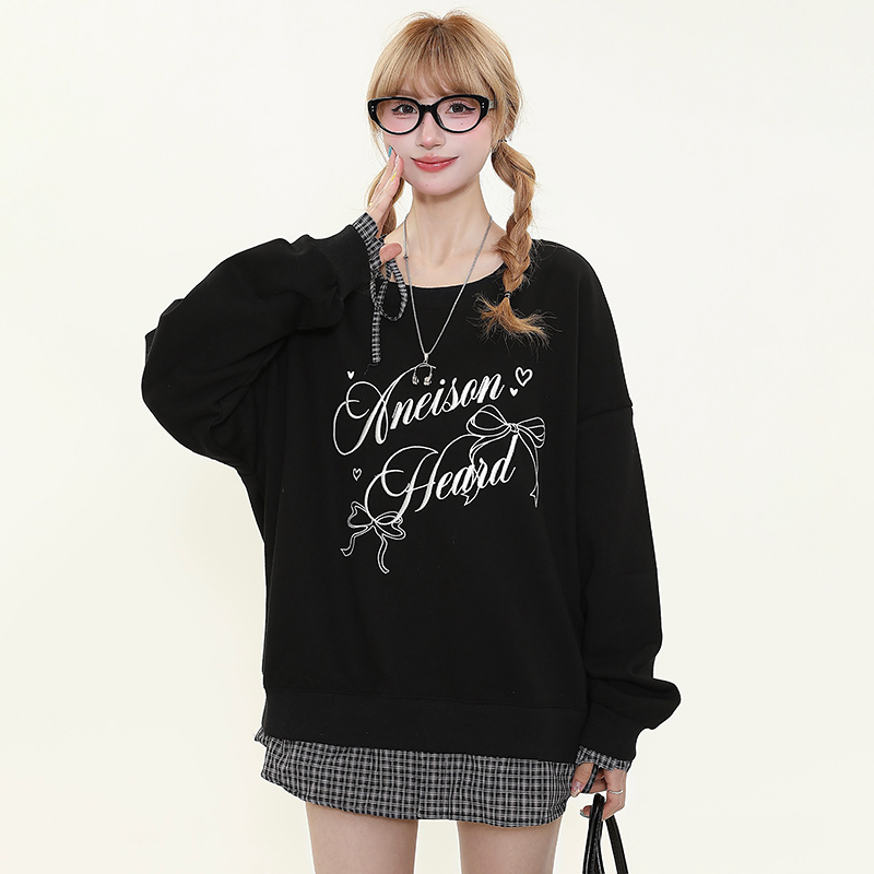 Women's American Retro Plaid Patchwork Faux Two-Piece Sweatshirt, Loose Off-Shoulder Long Sleeve Top, Casual Y2K Style