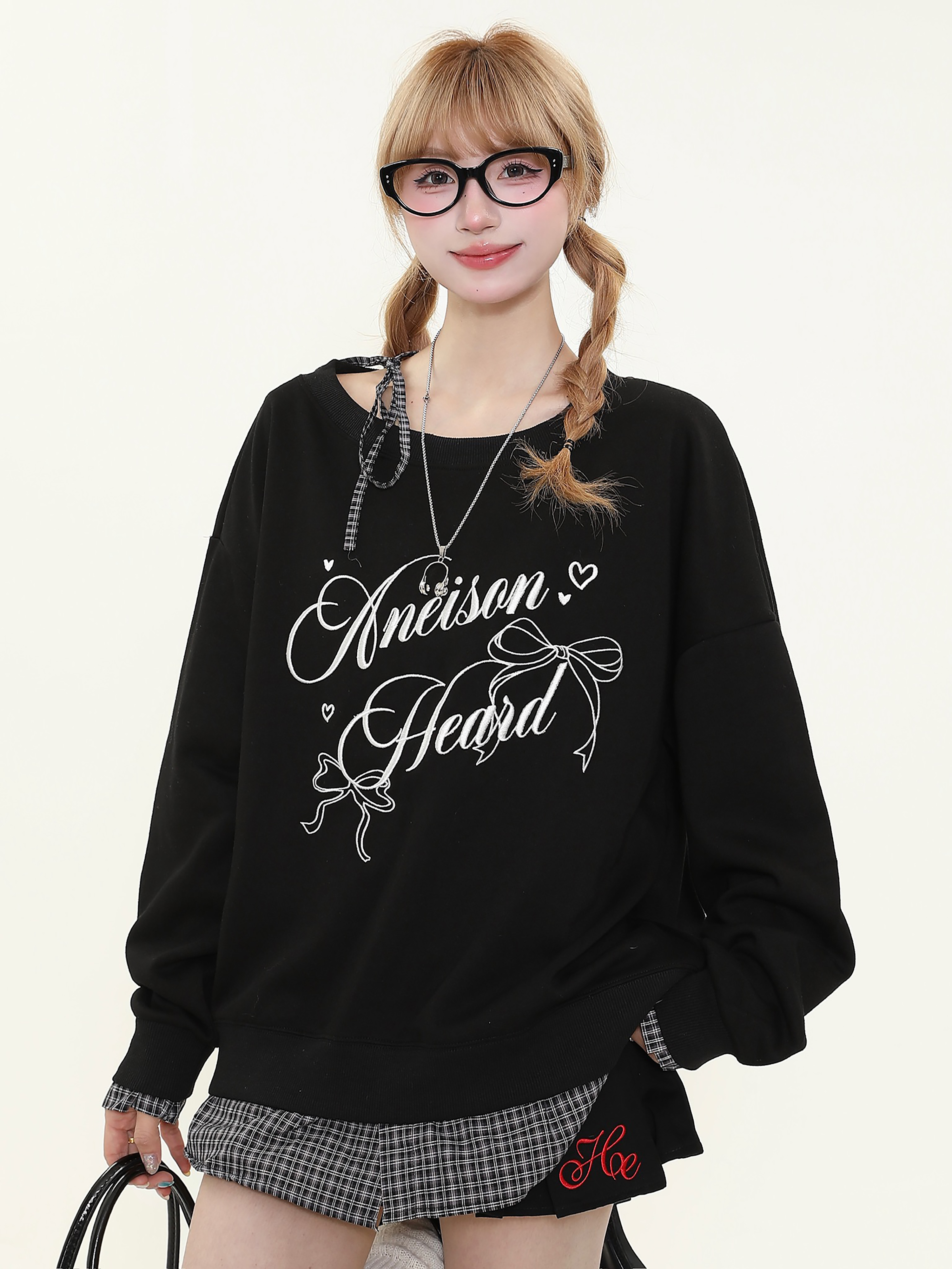 Women's American Retro Plaid Patchwork Faux Two-Piece Sweatshirt, Loose Off-Shoulder Long Sleeve Top, Casual Y2K Style