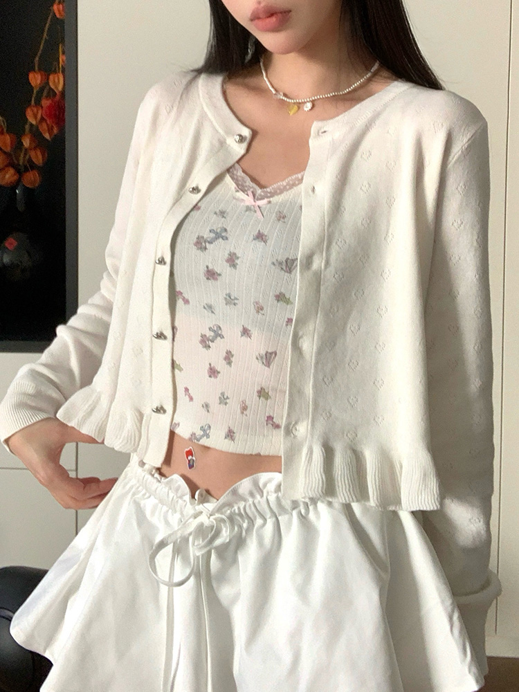 Women’s American Retro Ruffled Lace Knitted Cardigan - Loose Casual Long Sleeve Round Neck Top for Spring Fashion Women’s American Retro Ruffled Lace Knitted Cardigan - Loose Casual Long Sleeve Round Neck Top for Spring Fashion