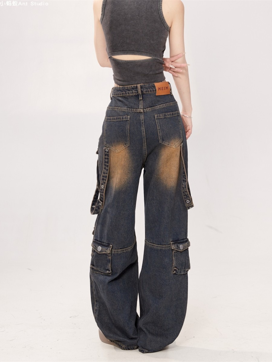 Women's American Retro Tie-Dye Multi-Pocket Denim Pants - Washed Distressed Straight Loose Work Trousers, Trendy 90s Style Women's American Retro Tie-Dye Multi-Pocket Denim Pants - Washed Distressed Straight Loose Work Trousers, Trendy 90s Style