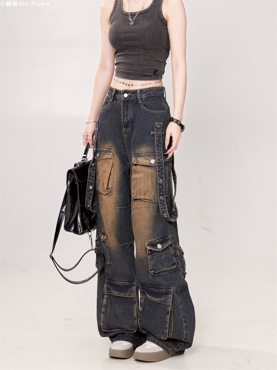 Women's American Retro Tie-Dye Multi-Pocket Denim Pants - Washed Distressed Straight Loose Work Trousers, Trendy 90s Style