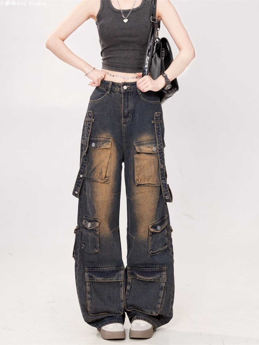 Women's American Retro Tie-Dye Multi-Pocket Denim Pants - Washed Distressed Straight Loose Work Trousers, Trendy 90s Style Women's American Retro Tie-Dye Multi-Pocket Denim Pants - Washed Distressed Straight Loose Work Trousers, Trendy 90s Style