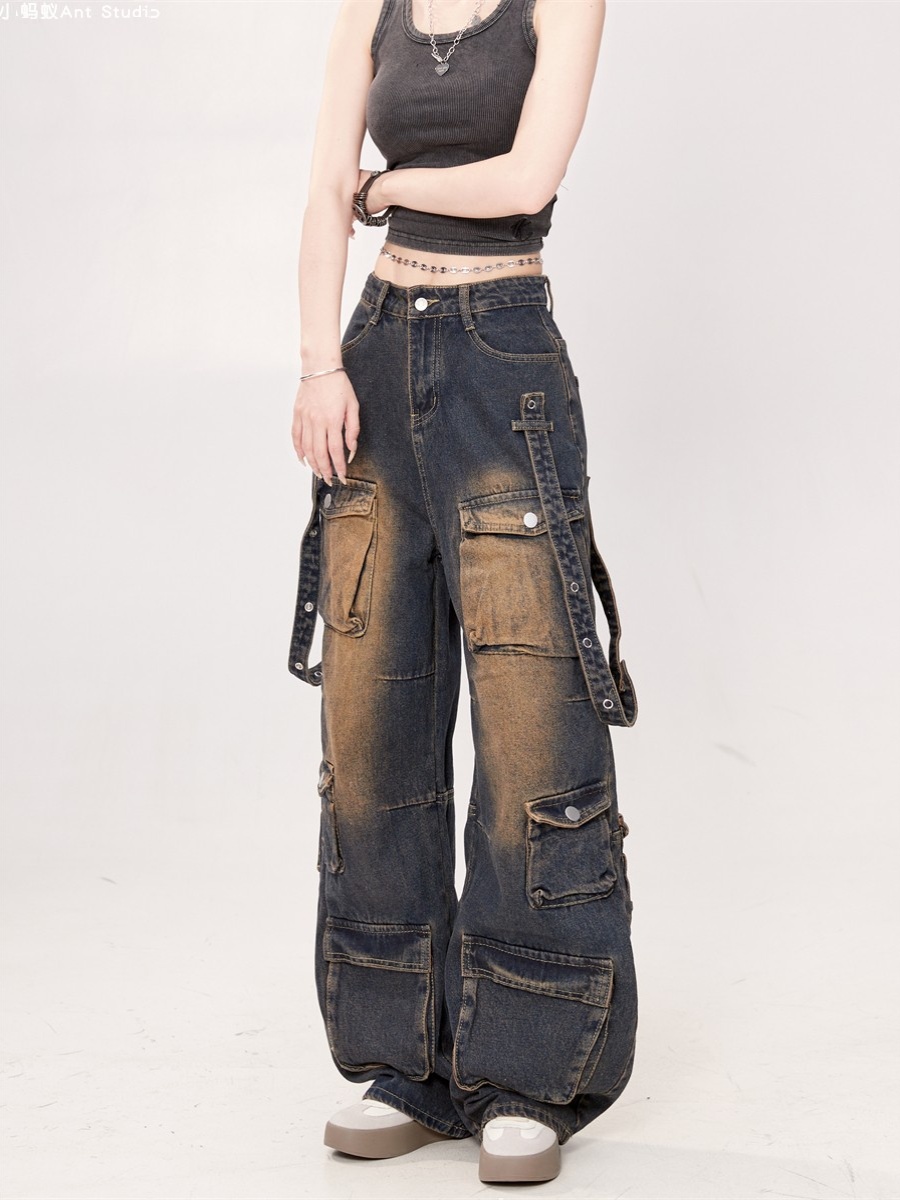 Women's American Retro Tie-Dye Multi-Pocket Denim Pants - Washed Distressed Straight Loose Work Trousers, Trendy 90s Style Women's American Retro Tie-Dye Multi-Pocket Denim Pants - Washed Distressed Straight Loose Work Trousers, Trendy 90s Style