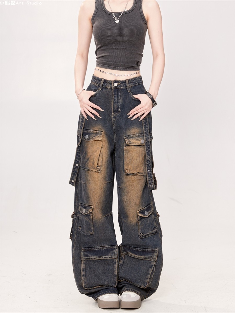 Women's American Retro Tie-Dye Multi-Pocket Denim Pants - Washed Distressed Straight Loose Work Trousers, Trendy 90s Style