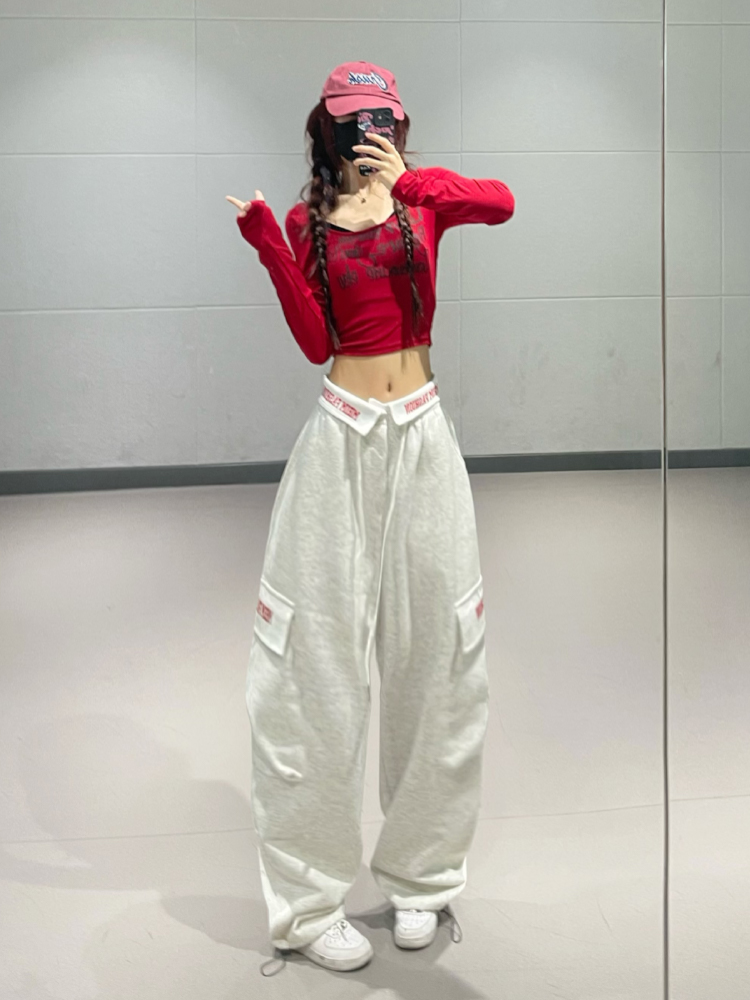 Women's American Retro Wine Red Cuffed Cargo Pants - Jazz Dance Straight Leg Trousers, Y2K Style Streetwear